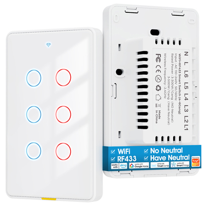 Giá tốt. Tuya Wifi Switch Thời gian 6 Gang Voice App Alexa Google Home Không dây trung lập Wifi RF433 US Light Switch Smart Home trực tuyến